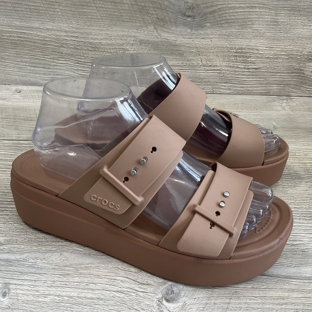 Crocs Lite Ride Beige Brooklyn Platform Sandals Mid Wedge Buckle Slide Women's 9